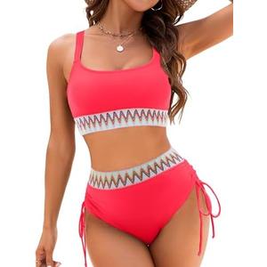 Jolefille High Waisted Bikini Sets for Women Tummy Control Swimsuits Two Piece Bathing Suit Color Block Teens (M, Pink)