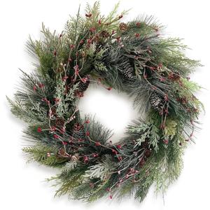 24" Green Winter Wreath, Artificial Pine Cone & Holly Front Door Wreath for Christmas Farmhouse Indoor Outdoor Decor