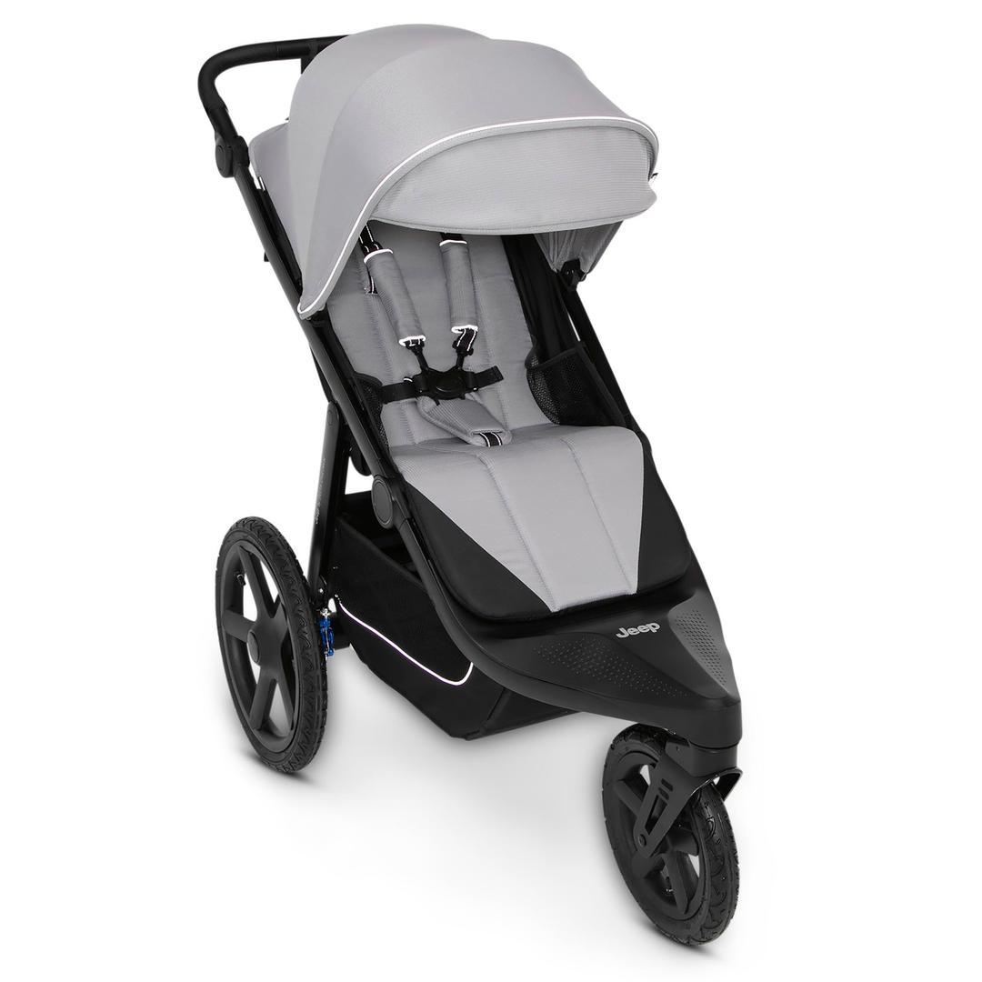 Delta Children - Jeep PowerGlyde Pro Jogging Stroller - 1-Step Back Brake & Hand Deceleration Disc Brakes for Speed Control - 1 Hand Fold, Soft Gray