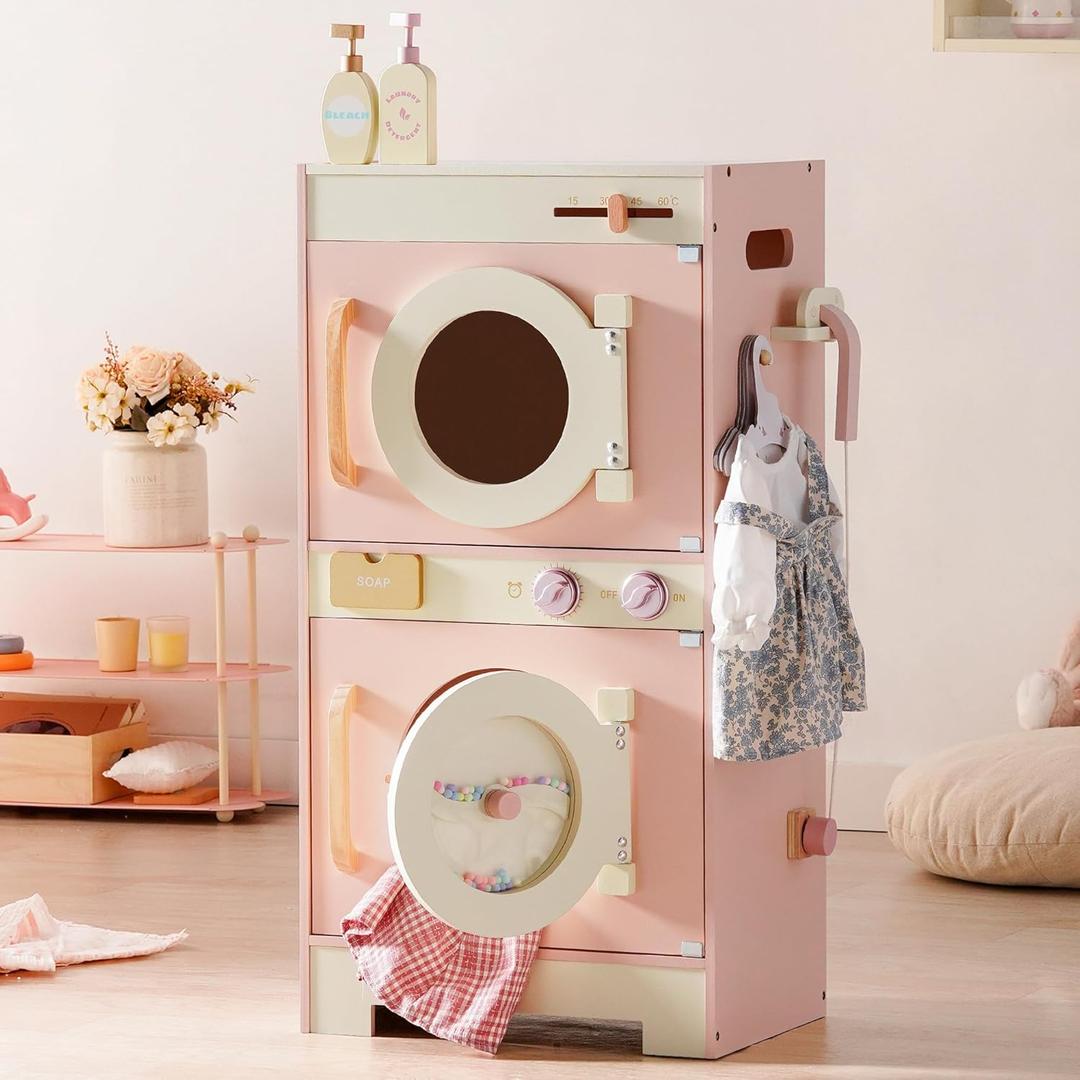 ROBOTIME Kids Washer and Dryer Playset  Wooden Laundry Pretend Play Set with Ironing, Color Beads Drum, Toy Washing Machine & Dryer Set for Toddlers Ages 3+, Gift for Boys and Girls