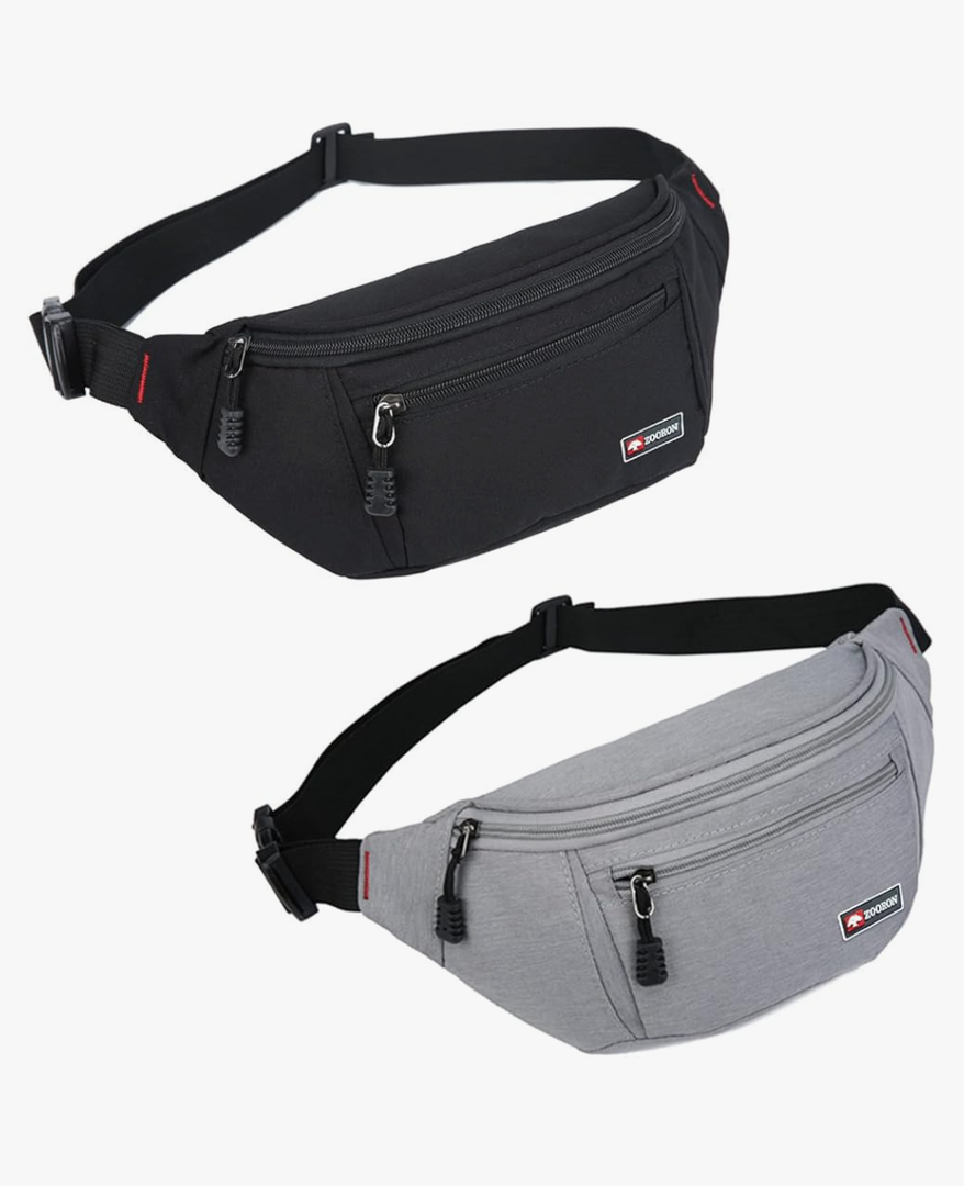 2 Packs Fanny Packs for Men and Women, Water Resistant Sports Waist Pack Bag Bum Bag for Travel Hiking Running (Black + Gray)