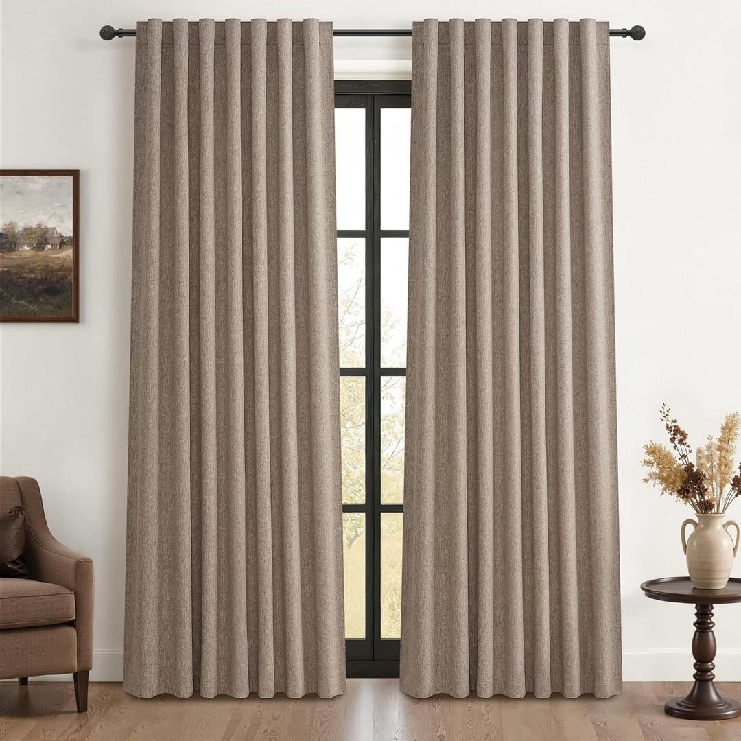 Dark Flax 100% Blackout Curtains 84 Inch Length 2 Panels Set Farmhouse Style for Bedroom Windows/Living Room Thermal Insulated Neutral Boho Drapes Linen Blend Chocolate 7ft Long Hook Belt Pleated
