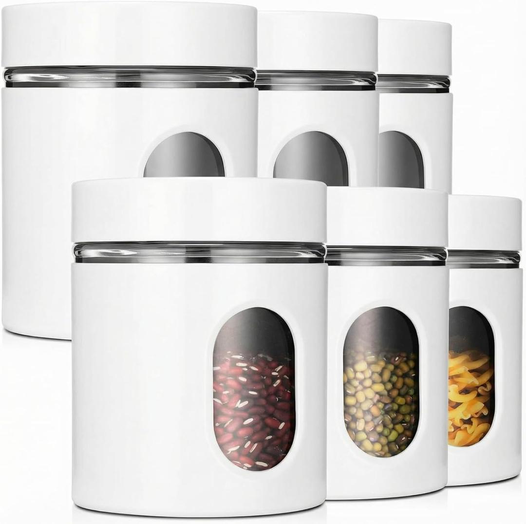 Mimorou 6 Pack Kitchen Canisters Set Airtight Coffee Sugar Tea Storage Jars with Window Glass Stainless Steel Containers with Lids for Flour Cookies Spices Grains Kitchen Decorations(White,20 oz)