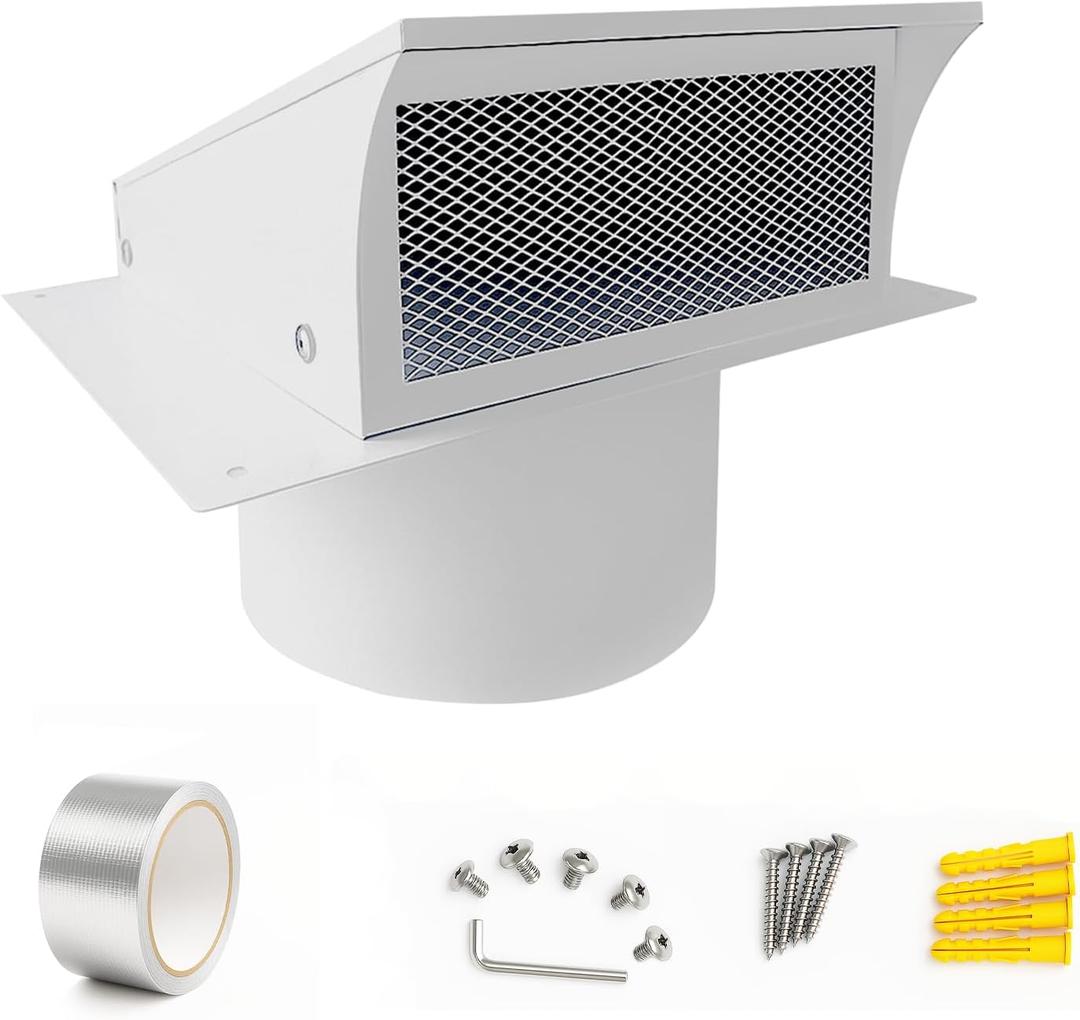 8 Inch Exterior Dryer Vent Cover Outside, Wall Vent Cover Outdoor Hooded Wall Vent with Backdraft Damper for Dryer Kitchen Bathroom Range Hood HVAC Duct Vent, Galvanized Steel (White)