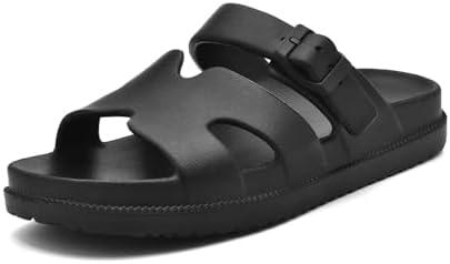 Women's Flat Sandals with Arch Support, Summer Beach Slides Adjustable Buckle, Comfort Lightweight Cushion Slip on H-Strap Sandal, Size 10