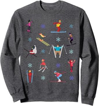 Skiers and Snowflakes Print Apres Ski Skiing Men and Women Sweatshirt. M