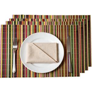 4-Pack Bamboo Placemats,Woven Heat-Resistant Rectangular Table Mats, Natural Rectangular Dining Place Mats, Rustic Japanese Style Plate Mats for Indoor Dining, Kitchen and Party Use(Colorful