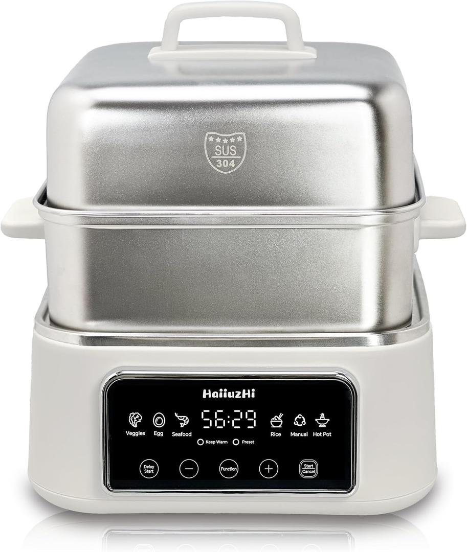 Electric Food Steamer 12.7QT, Double-Tier 8-in-1 Vegetable & Meal Steamer, Stainless Steel, Timer & Keep Warm, Boil-Dry Protection, Healthy Cooking Kitchen Steamer