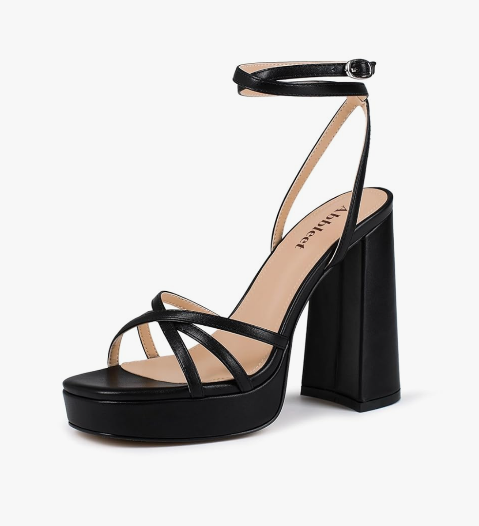 Platform Heels for Women Strappy Block Chunky High Heels Open Toe Ankle Strap Sandals Fashion Lace Up Wedding Party Evening Prom Dance Dress Shoes Black, 7,5 size