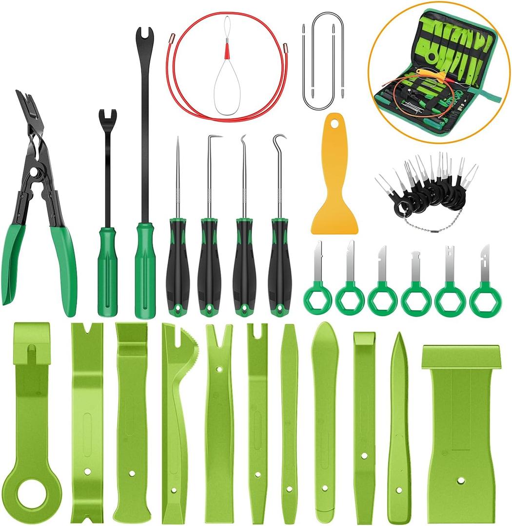 GOOACC 40Pcs Trim Removal Tool,Auto Terminal Removal Key Tool,Auto Clip Pliers Stereo Removal Tools,Car Upholstery Repair Removal Kit,Precision Hook and Pick Set,Wiring Threader,Car Film Scrape-Green