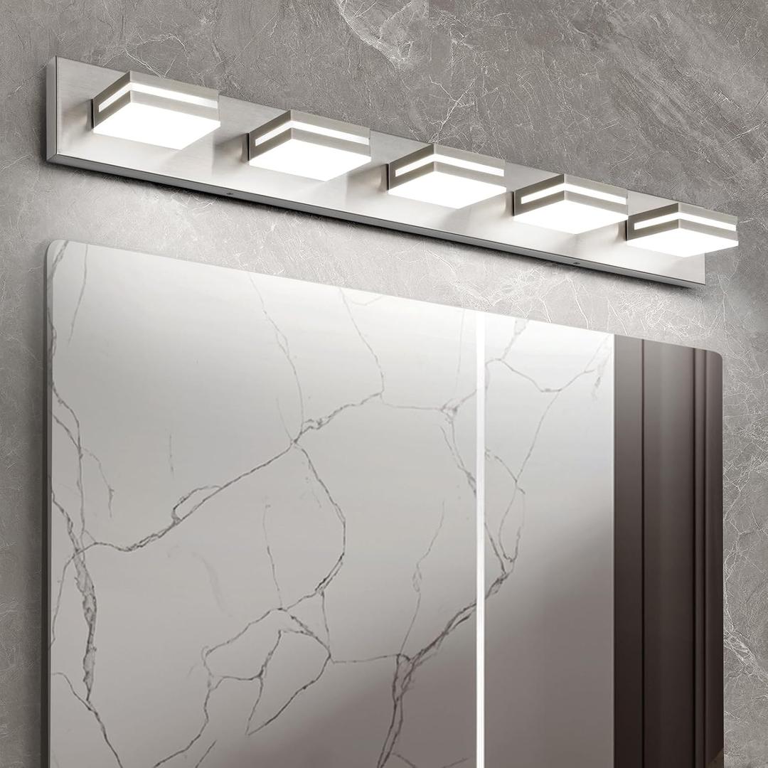 OKELI 5 Light Bathroom Vanity Light Brushed Nickel Modern 36W LED Dimmable Vanity Light Over Mirror 350 Adjustable Lamp Head Cold White 6000K ETL Listed 36.2Inch