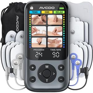 AVCOO 3-in-1 TENS Unit Muscle Stimulator with 24 Modes, 30 Intensities EMS Massage Machine for Shoulder, Back Pain Relief Therapy, Dual-Channel Electronic Pulse Massager with Type-C Port, 10 Pads
