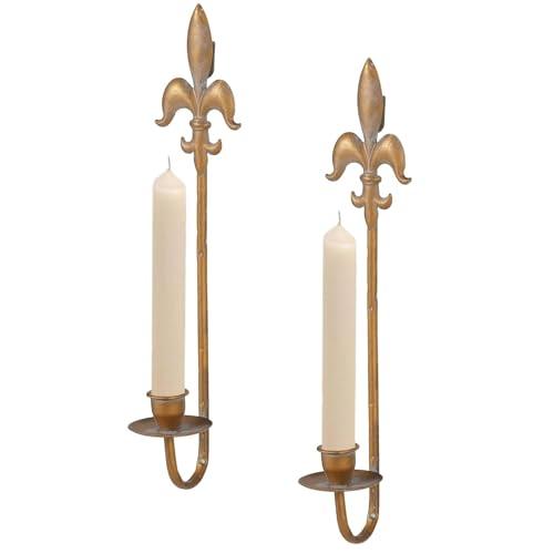 Fleur De Lis Wrought Iron Candle Sconces Set of 2, Rustic Candle Holders Hanging for Living Room Farmhouse Fireplace Wedding (Antique Copper)