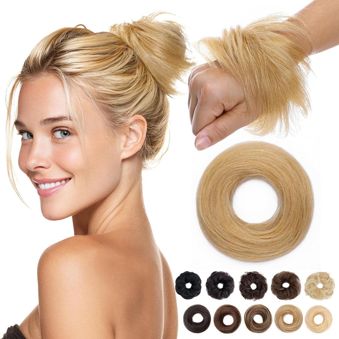 MY-LADY Messy Bun Hair Pieces Human Hair for Women Real Hairpiece Straight Scrunchies Tousled Updo Donut Chignon Ponytail Extension Natural Blonde