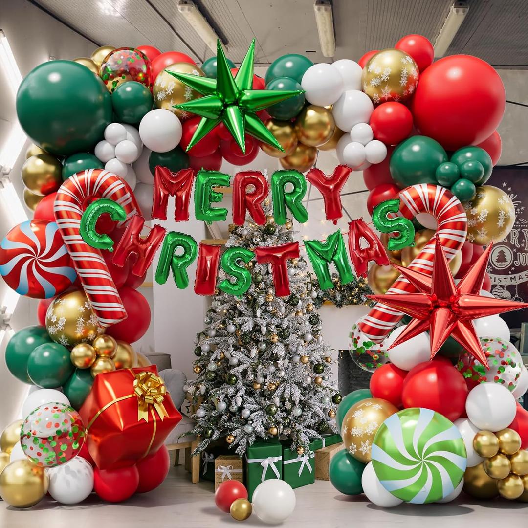 Christmas Balloon Garland Arch kit with Merry Christmas Banner and Christmas Red White Green Cane Balloons Candy Balloons Gift Box Balloons Explosion Star Foil Balloons for Xmas Party Decorations