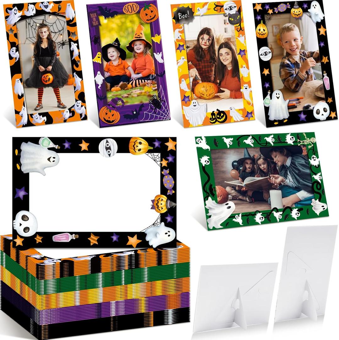 AmazingSpark 50 Pack Halloween Ghost Picture Frame 4 x 6 Paper Photo Ornament Bulk Pumpkin Cardboard Photo Gifts for Halloween Friendsgiving Decorations Party Favor Supplies