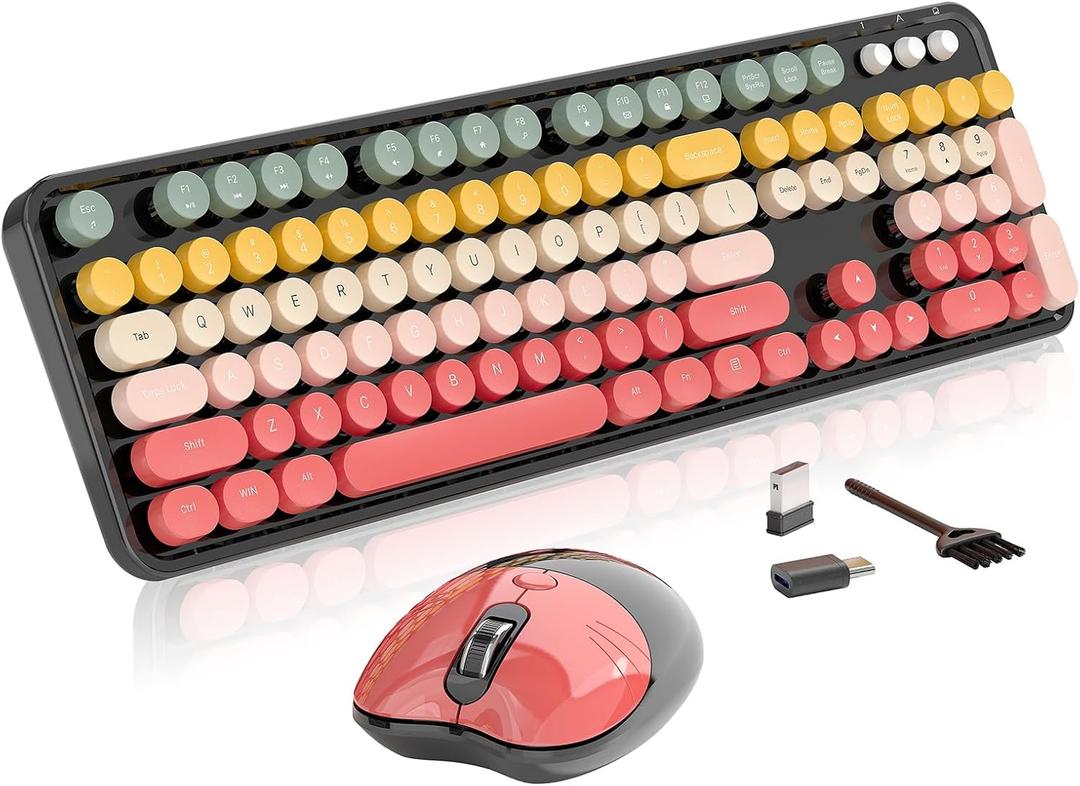 Wireless Keyboard and Mouse, MOFII 104 Round Keycaps Retro Typewriter with OTG & Brush, Full-Size Ergonomic, Ideal for Windows PC, Home, Office and College Rainbow Red