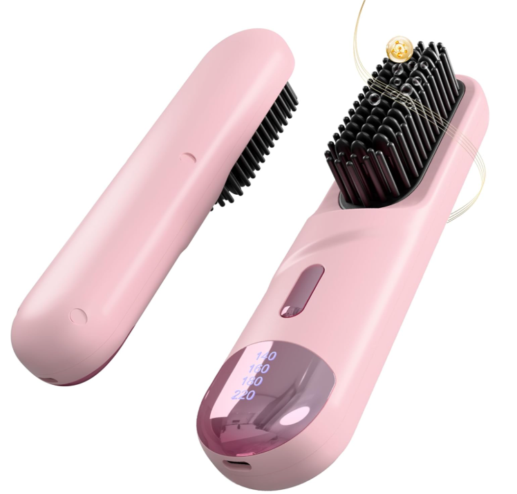 Go Brush Pro 2026 Hair Straightener Brush 300 Million Negative Ionic Portable Hair Straightener Comb for Women with 4 Temps Fast Heating MCH Ceramic Coating Smooth Frizz Hair Light Pink