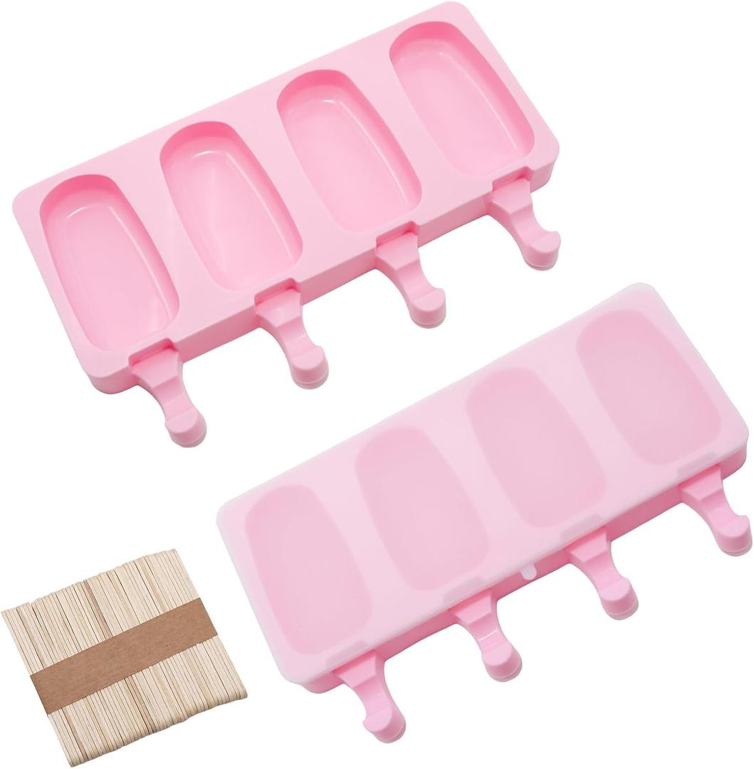 Pine & Linen 3 Set Durable Small Popsicle Molds, Silicone Molds with Lids and 150 Pieces Wooden Sticks, 4 Cavities Molds for Making Cakesicles/Cake Pops/Ice CreamPink)
