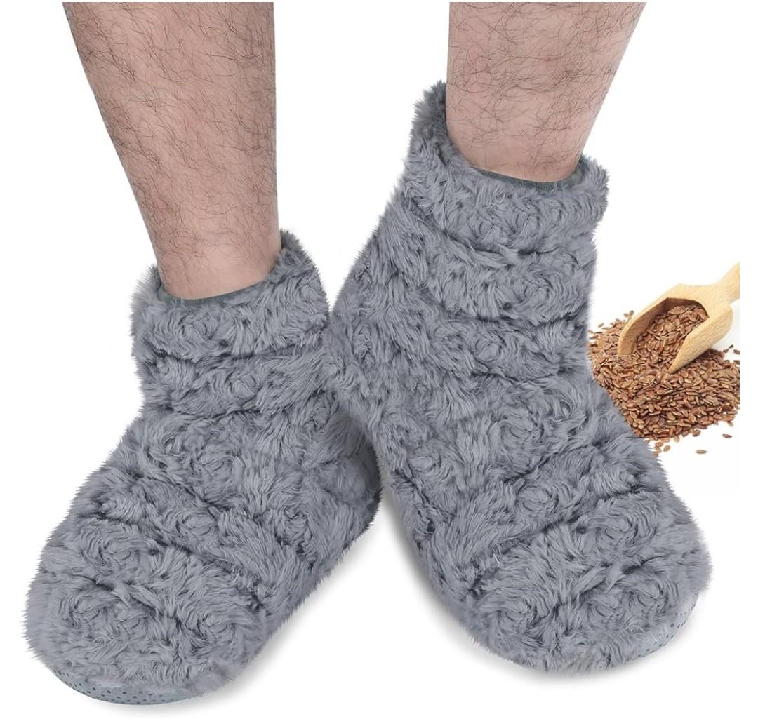 REVIX Microwavable Booties and Feet Warmers for Women & Men, Microwave Heated Foot Warmer with Flaxseed Moist Heat Therapy for Cold Feet, Gray, Large