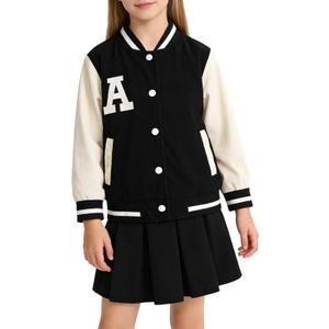 Girls 2 Piece Outfits Skirt Set Button Up Baseball Jacket With Pleated Skirt Set Preppy Fall Winter Clothes 3-12Years (Black)