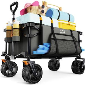 Collapsible Wagon Cart Heavy Duty Foldable, Folding Beach Wagon with Big Wheels for Sand, Utility Grocery Cart with Side Pocket and Brakes for Camping Sports Outdoor Activities, Grey (Gray)