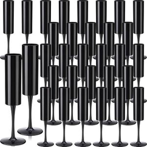 Domensi 30 Pcs Champagne Flutes Bulk Acrylic Goblet 6 oz High Stem Wine Glasses Champagne Cup Unbreakable Reusable for Christmas Halloween Valentine Birthday Wedding Party Decorations (Black), about 2.05 x 8.66 inches