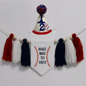 Half Way to First Birthday Baseball High Chair Tassel Banner with 1/2 Cone Hat 6 Months Little Slugger Half Birthday Outfit for Baby Boy (Red Royal Blue Baseball 1/2)
