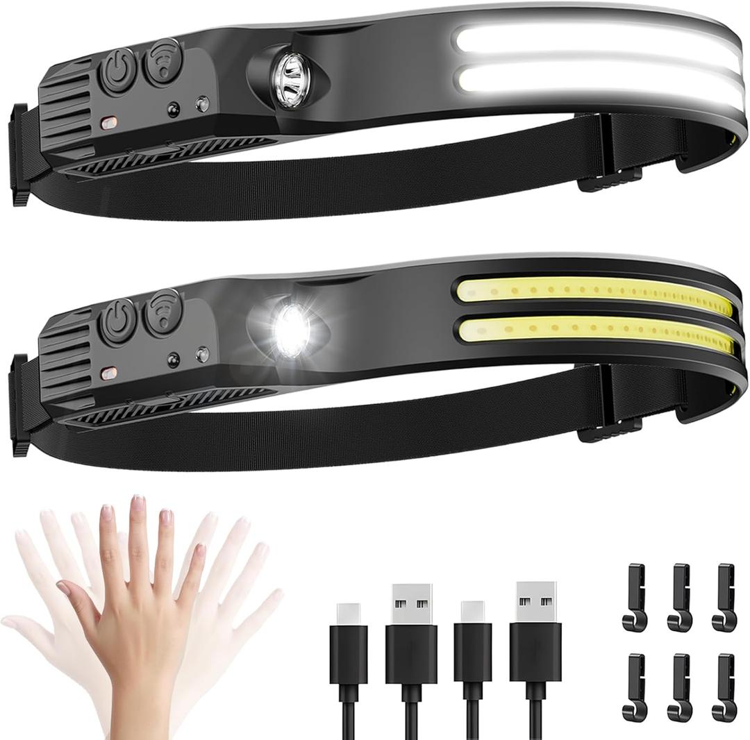 Beccason 2Pack LED Headlamp Rechargeable - 230° COB Super Bright Head Lights for Forehead, Hard hat Light for Adults, Hunting, Running, Camping Essentials Gear