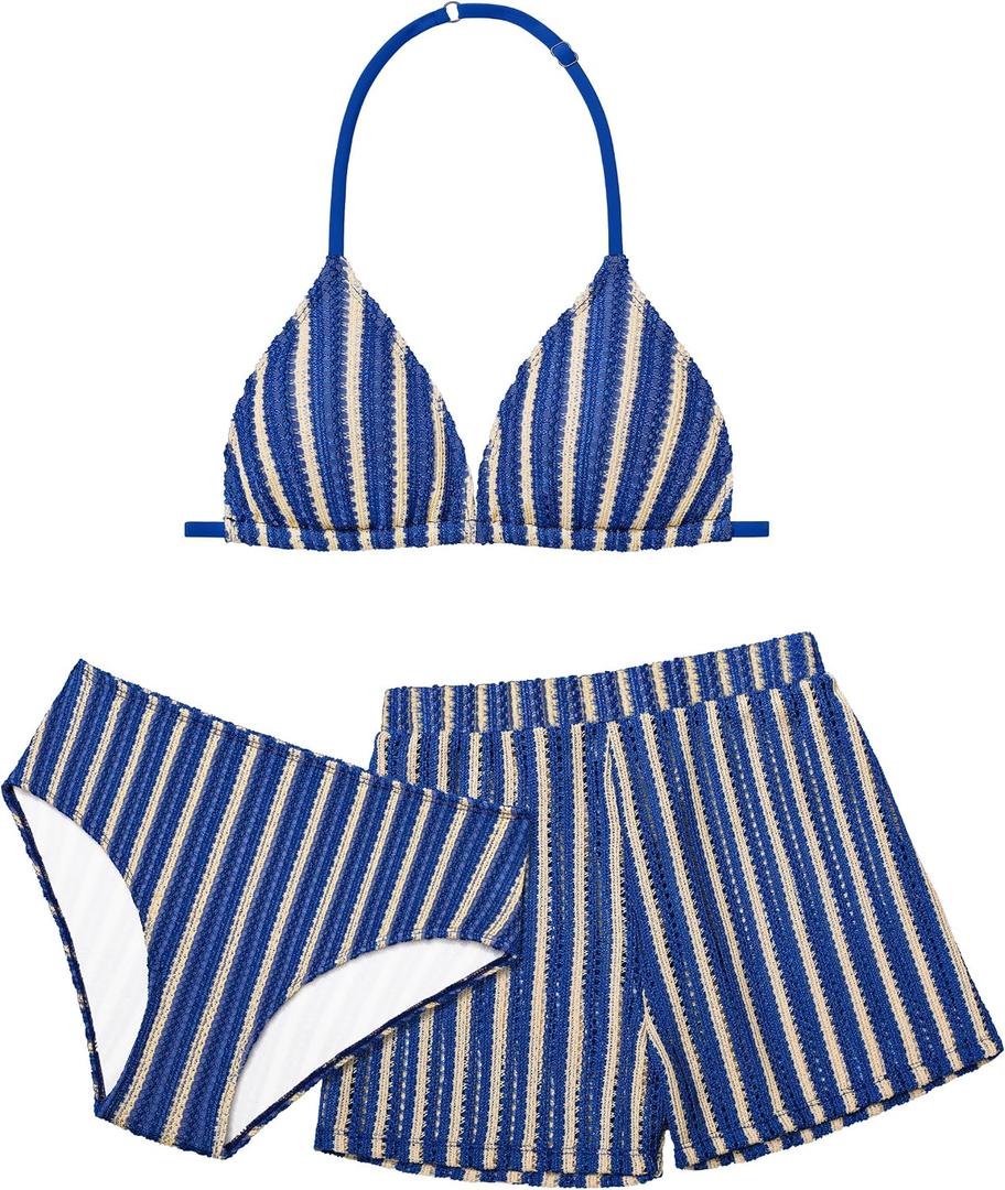 Girls Swimsuit 3 Piece Bathing Suit Criss Cross Bikini Set Girls' Swimwear with Shorts 7-16T (Blue)