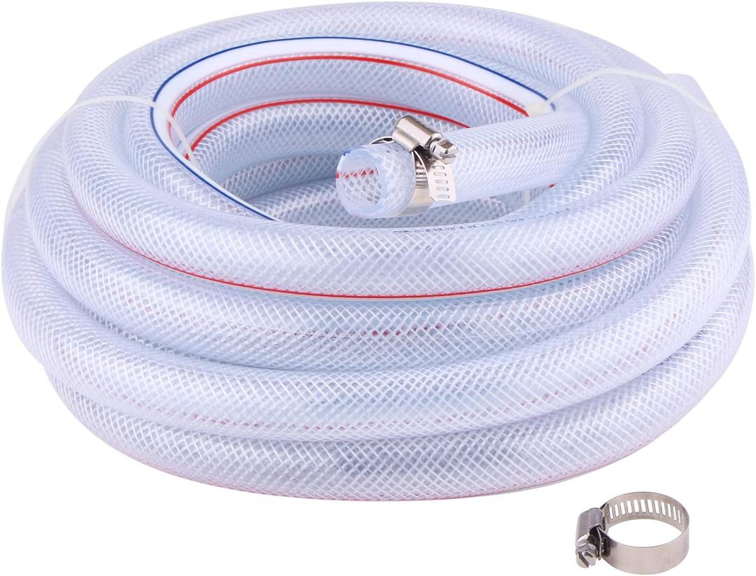 Soft Braided PVC Tubing - 3/4" ID x 1" OD High Pressure Clear Flexible PVC Tube Reinforced Vinyl Hose for Water, Oil with 2pcs Hose Clamps (25Ft)