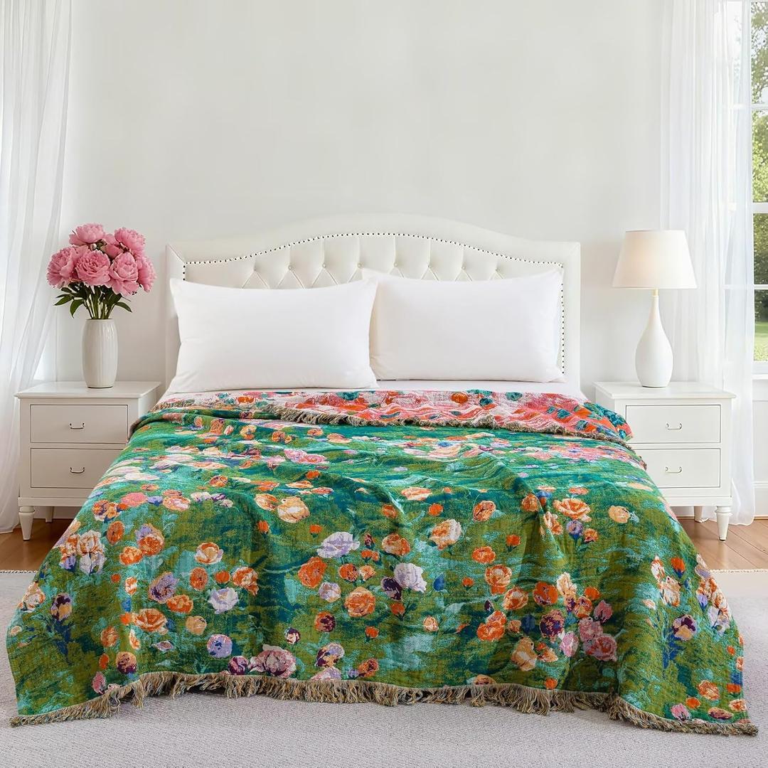 100% Cotton Muslin Floral Blanket, Super Soft Throw Green for Couch, Bed Chair Quilt Travel Blankets, Reversible Jacquard Fall Coverlet, Lightweight Boho Farmhouse Picnic Blanket, 80"x90"