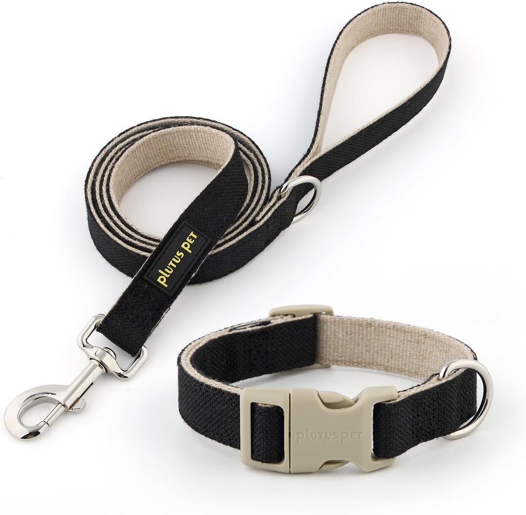 Plutus Pet Cotton Hemp Dog Collar and Leash Set, Adjustable Collar for Small, Medium, and Large Dogs, Heavy Duty and Soft on Skin, Black, XL