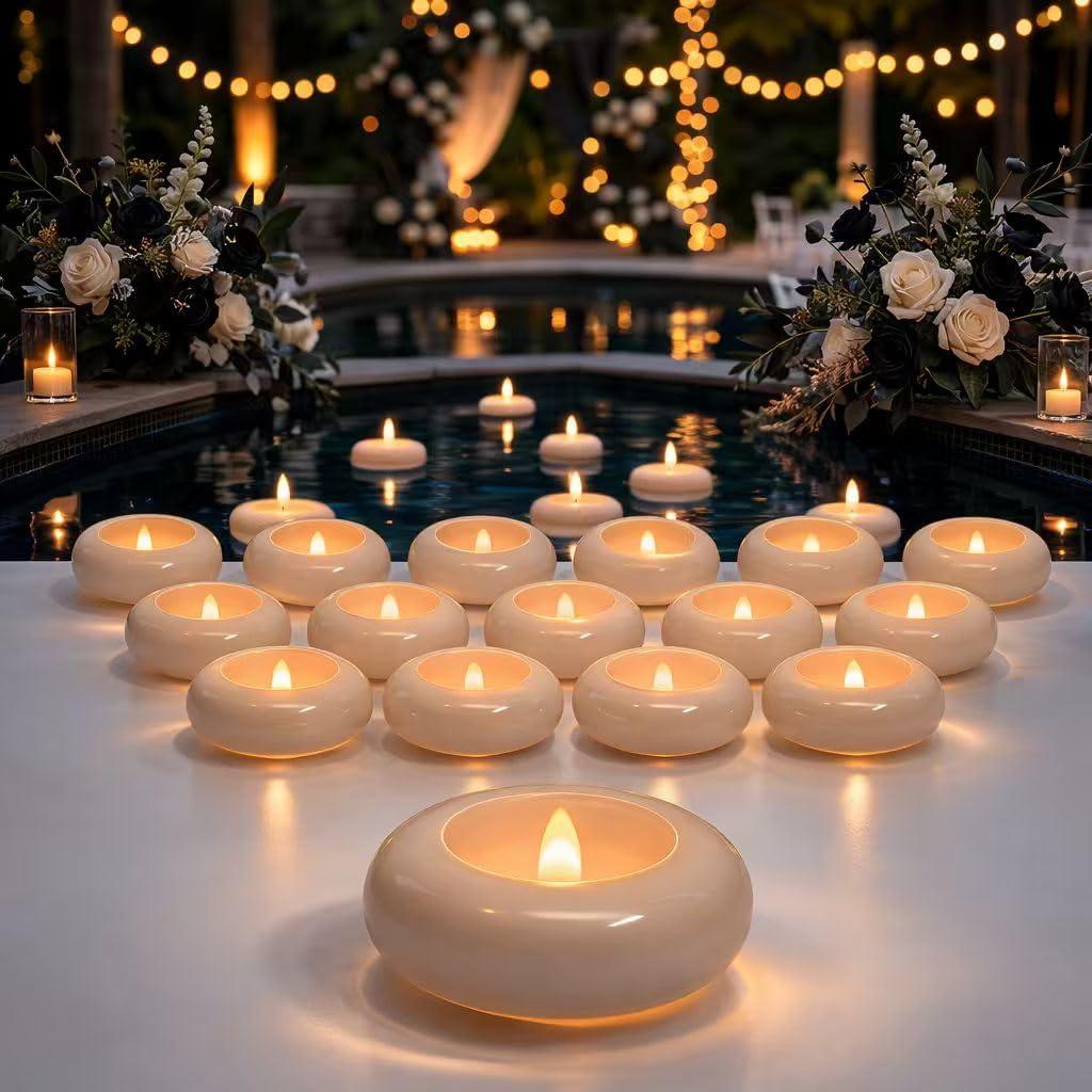 Aignis 24pcs Flameless Floating Candles Waterproof, 200Hr 3LED Floating Tea Lights with Battery, Water-Activated Candles for Pool, Wedding Centerpieces, Bath & Spa, Easter Decoration (Elegant White)