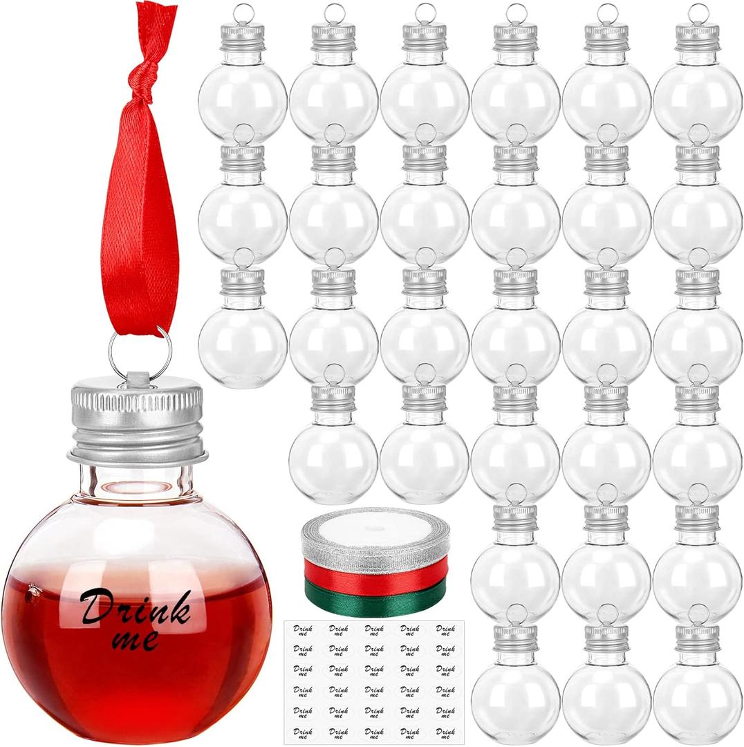 KaKaPops 30 Pieces Christmas Booze Balls, Christmas Tree Hanging Ornaments Clear Plastic Fillable Bulbs Pendant Ball with Screw Caps and Ribbons for Christmas Home Party Decor (Silver)