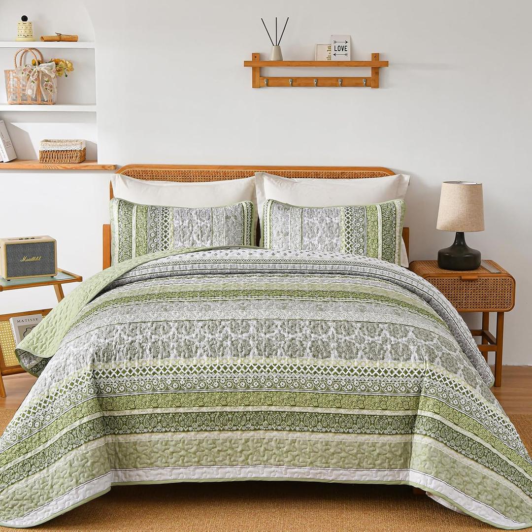 WONGS BEDDING Boho Quilt Set King Size, Sage Green Bohemian 3 Pieces Quilt Sets, Lightweight Bedspread Coverlet Bedding Set for All Season (104"x90")