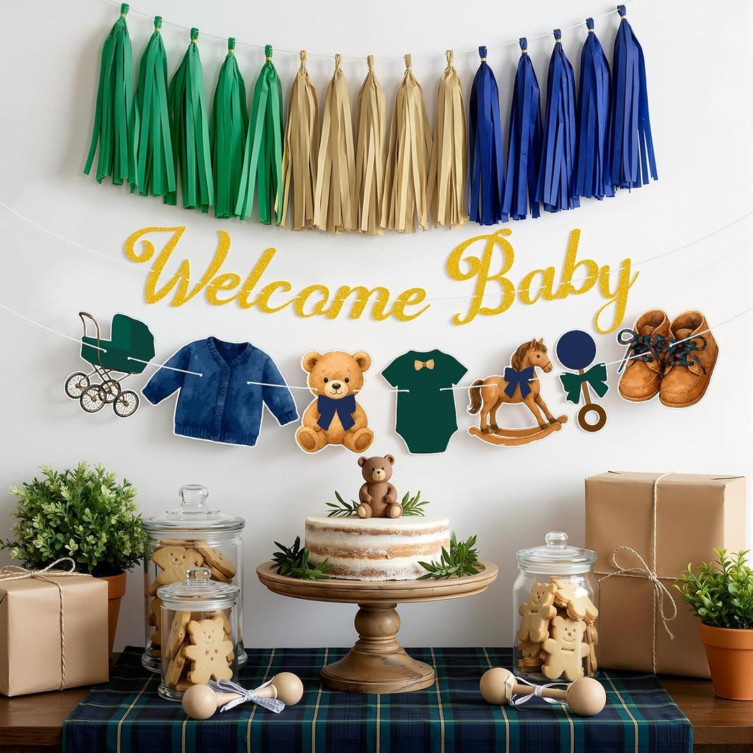 Moukeren 3 Pcs Tartan Plaid Bear Banner Baby Shower Decor Set 3 Tassel Banners 2 Welcome Baby Banners Retro Style Party Decor for Babyshowers Birthdays Party