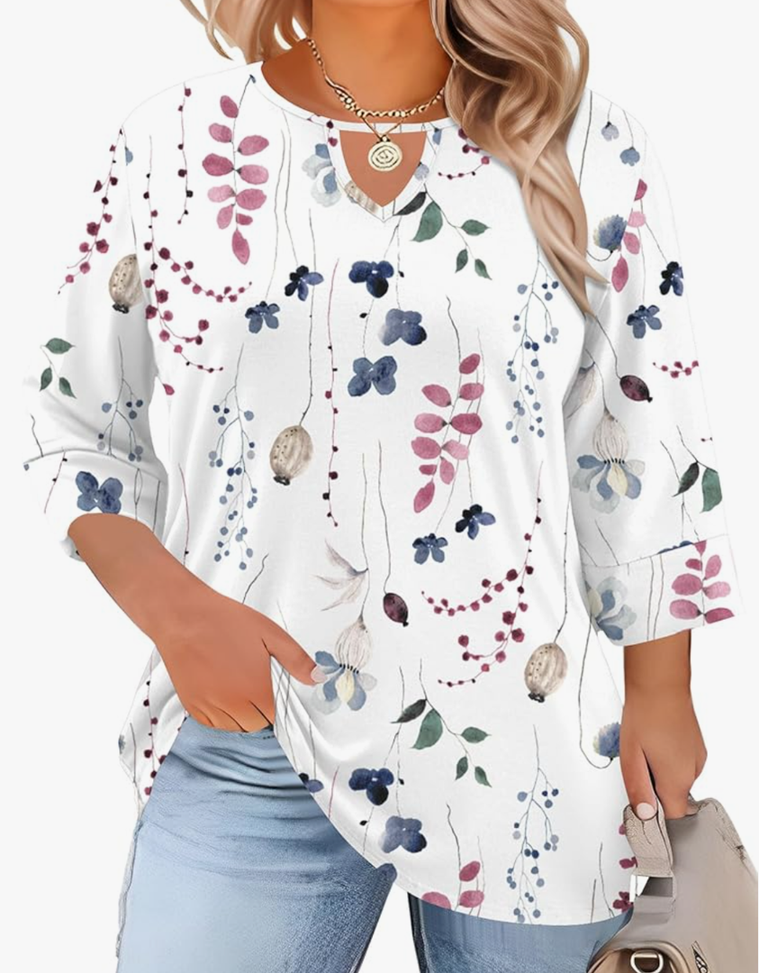 Rapbin Womens Plus Size Tops 3/4 Length Sleeve Shirts Crewneck Dressy Casual Blouses Trendy Keyhole Tunic Top XLL