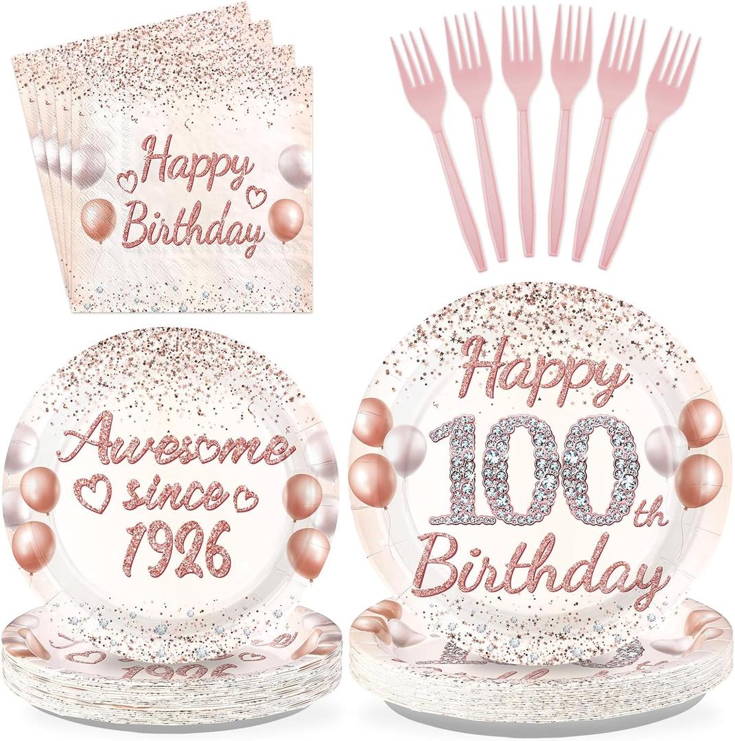 96 Pcs 100th Birthday Party Supplies for Women Rose Gold 100 Years Old Paper Plates and Napkins Tableware Set Disposable 100th Birthday Decorations for Women 100 Years Old Party Serves 24