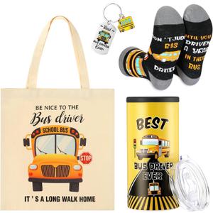 4 Pcs School Bus Driver Gifts Appreciation Gifts for Women Men 12 oz Stainless Steel Bus Driver Tumbler and Lids Funny Canvas Bag Keychain Socks(Black Gray,Normal Tumbler)