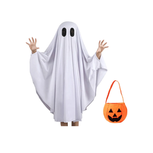 Unisex Kid Ghost Costume Girl Halloween Fancy Dress Cosplay Boy White Boo Ghost Cloak Child Spooky Trick-or-Treating(Pumpkin Bucket- White,L)