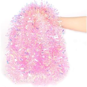 LOMIMOS 17 Ft Easter Christmas Tinsel Garland,Pink Glittering Decoration for Xmas Tree Party Wedding Supplies