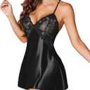 Avidlove Women Lingerie V Neck Sexy Nightwear Satin Sleepwear Lace Chemise Mini Babydoll Nightgown (XX-Large, Black)