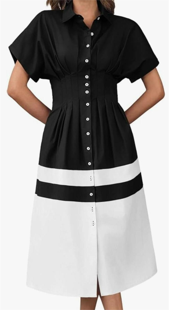 Wenrine Womens Summer Button Down Shirt Dress Casual Color Block V Neck Short Sleeve Corset Maxi Dresses Black Size S