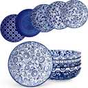 vancasso Selene 8.5" Pasta Bowls Set of 6, 40 oz Porcelain Shallow Salad Bowls, Serving Bowls Large Kitchen Bowl Plates Pasta Plates, Blue & White Floral Design, Microwave Safe