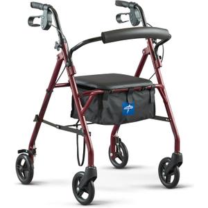 Medline Steel Rollator Walker with Seat, Burgundy, 350 lb. Weight Capacity, 6 Wheels, Foldable, Adjustable Handles, Rolling Walker for Seniors, Walker for Mobility Impaired
