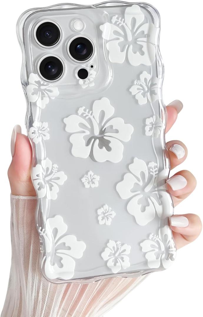 Yeddabox for iPhone 13 Pro Case Hibiscus Flower Floral Wavy Clear Phone Case Soft TPU Slim Shockproof Phone Cover for Women Girls, White