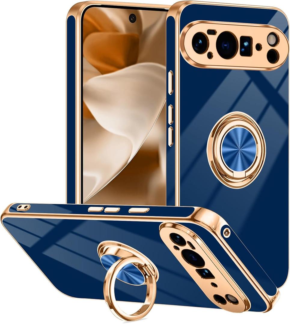 Designed for Google Pixel 10 Pro XL Case with Ring Stand, Support Magnetic Car Mount Rotating Finger Holder Soft TPU Cover Plating Edge Slim Phone Case for Pixel 10 Pro XL 5G Blue