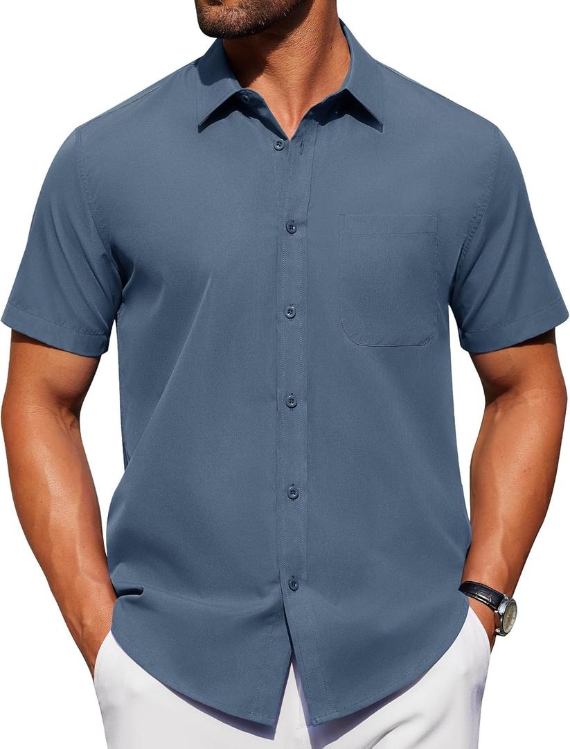 Alimens & Gentle Mens Short Sleeve Dress Shirt Wrinkle Free Solid Casual Button Down Shirts for Summer Business Wedding (XX-Large, Captain Blue)