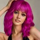 AGO Rose Purple Wavy Wigs with Bangs Pastel Bob Wig Shoulder Length Synthetic Hair for Girl Heat Resistant Fiber Wig for Daily Party Halloween Cosplay Use(RosePurple)